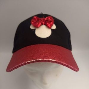 Minnie Mouse Black & Red Bling Cap Head Logo W Bow Adjustable Baseball Hat Small
